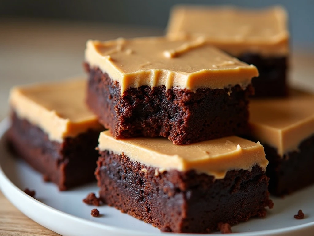Fudgy peanut butter frosted brownies arranged on a serving plate