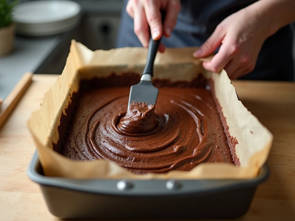 Chocolate brownie batter spread in a prepared baking pan