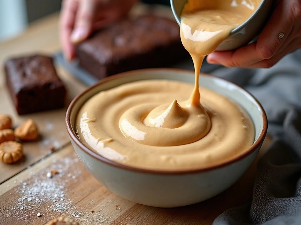 Creamy peanut butter frosting prepared for brownies