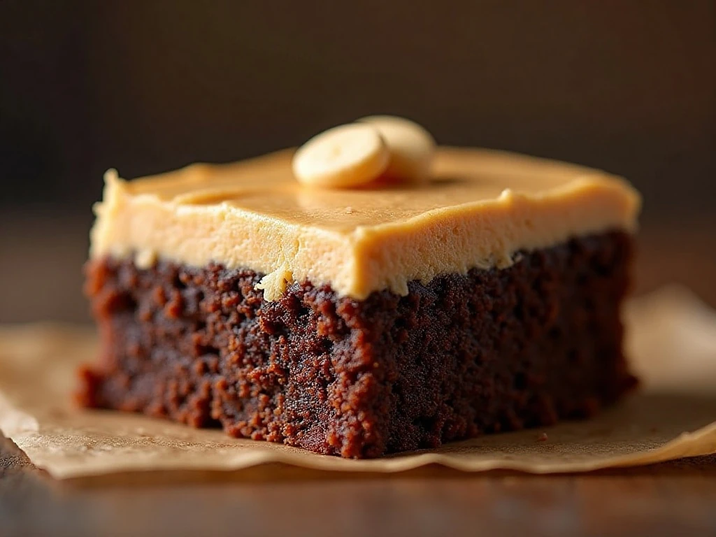 Close-up of a sliced fudgy brownie with peanut butter frosting