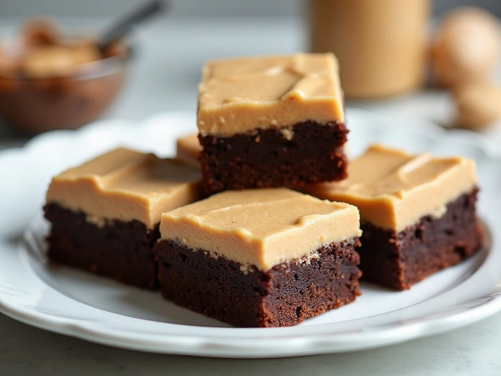 Plate of fudgy peanut-butter brownies with a creamy topping