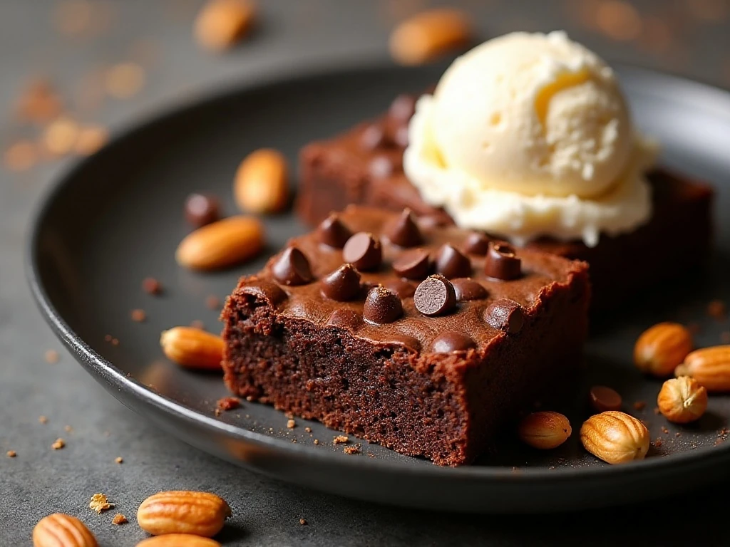 Peanut-butter brownies served with chocolate chips, peanuts, and ice cream