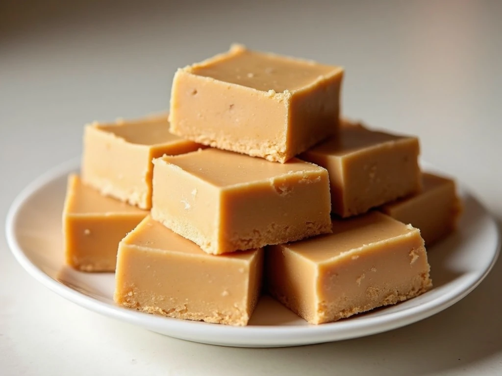 Creamy homemade 3-ingredient peanut butter fudge squares on a serving plate