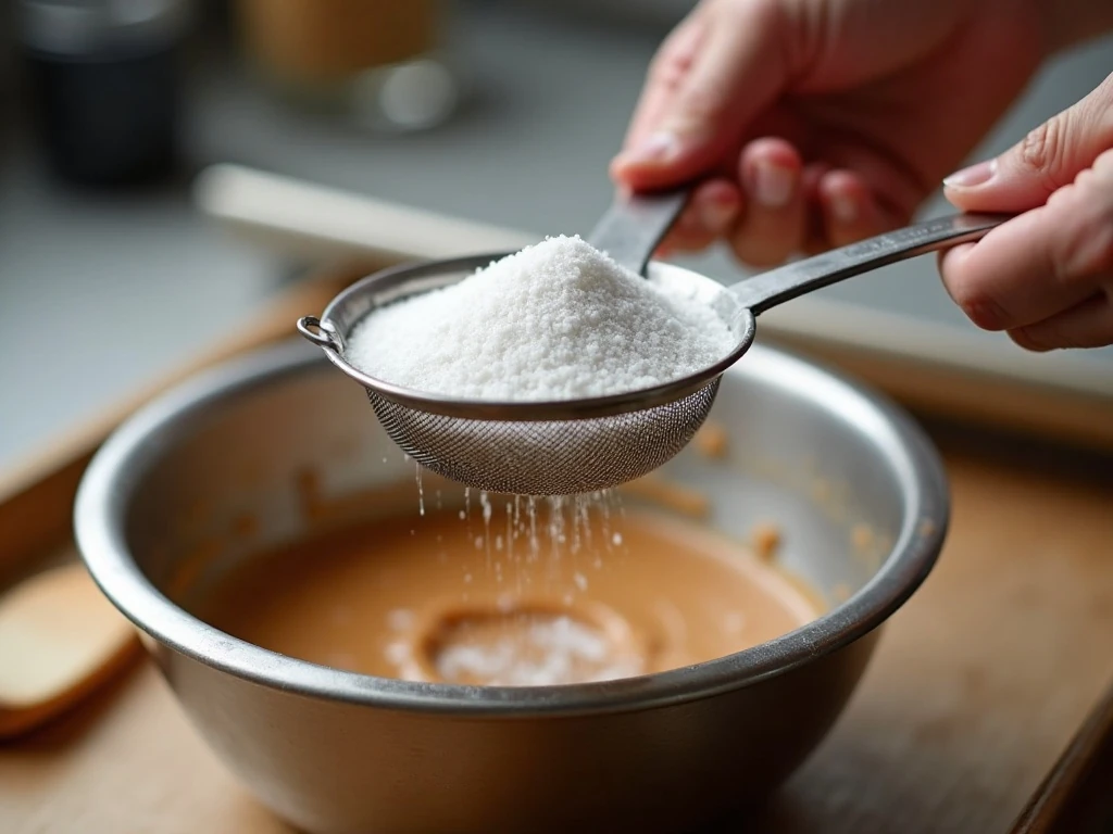 Sifting confectioners’ sugar for smooth peanut butter fudge