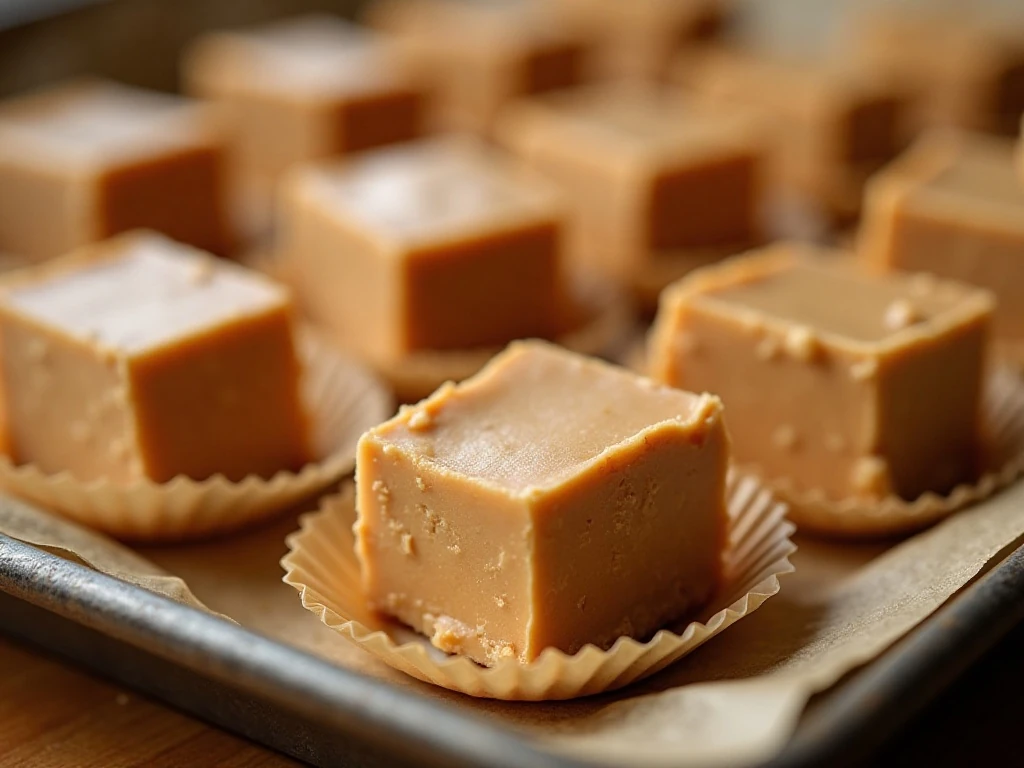 Neatly cut peanut butter fudge squares ready for storage or serving