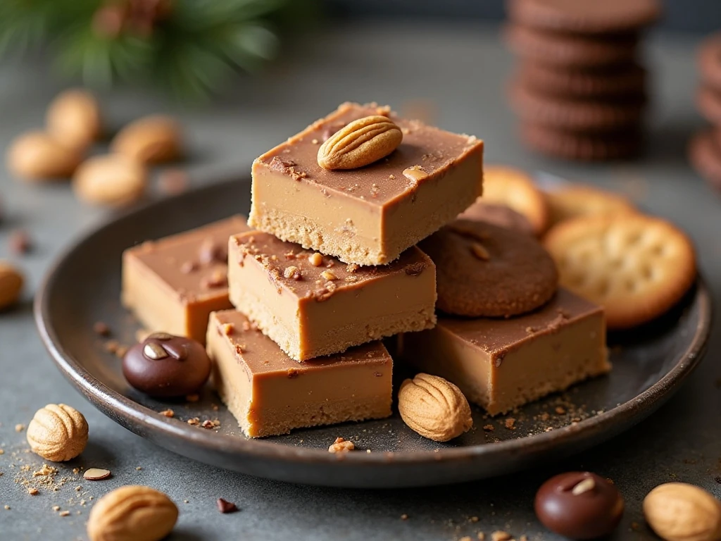 Peanut butter fudge arranged on a dessert platter with complementary treats
