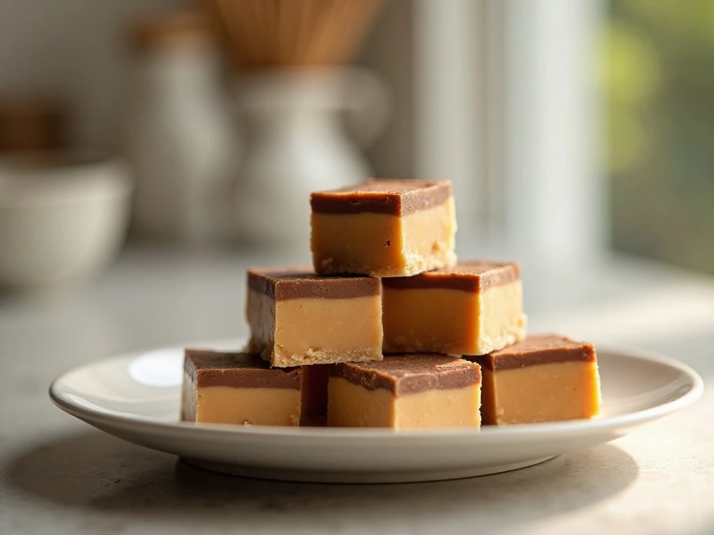 Stacked homemade peanut butter fudge squares on a plate