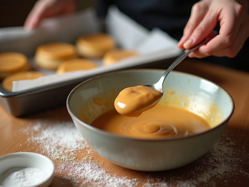 Stirring melted butter and peanut butter for fudge