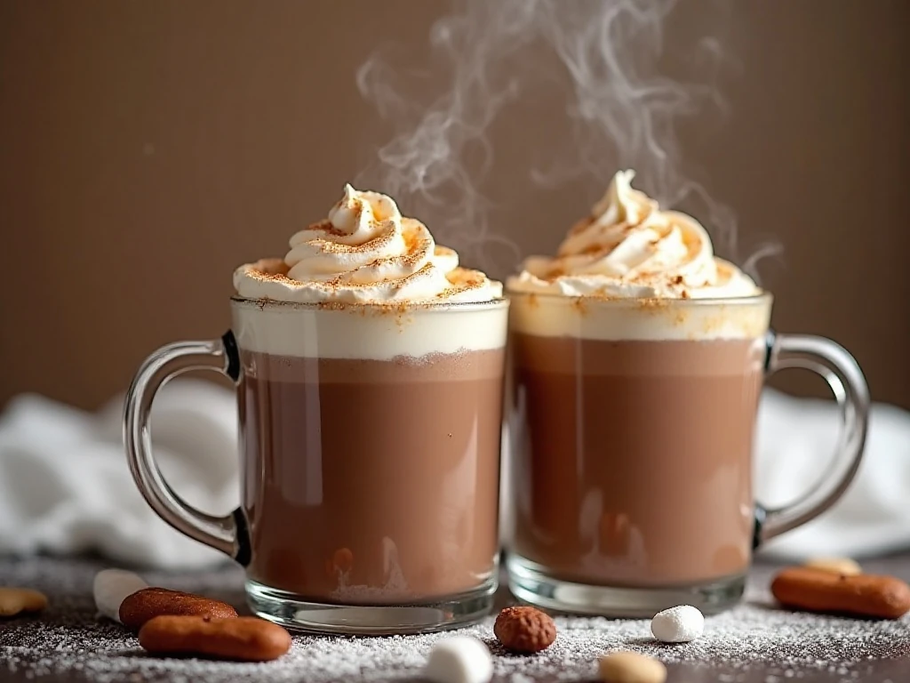 Two mugs of creamy peanut butter hot chocolate ready to serve