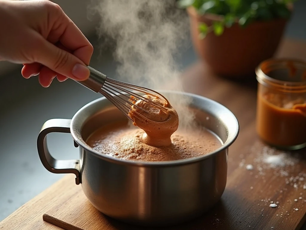 Whisking peanut butter into hot chocolate in a saucepan