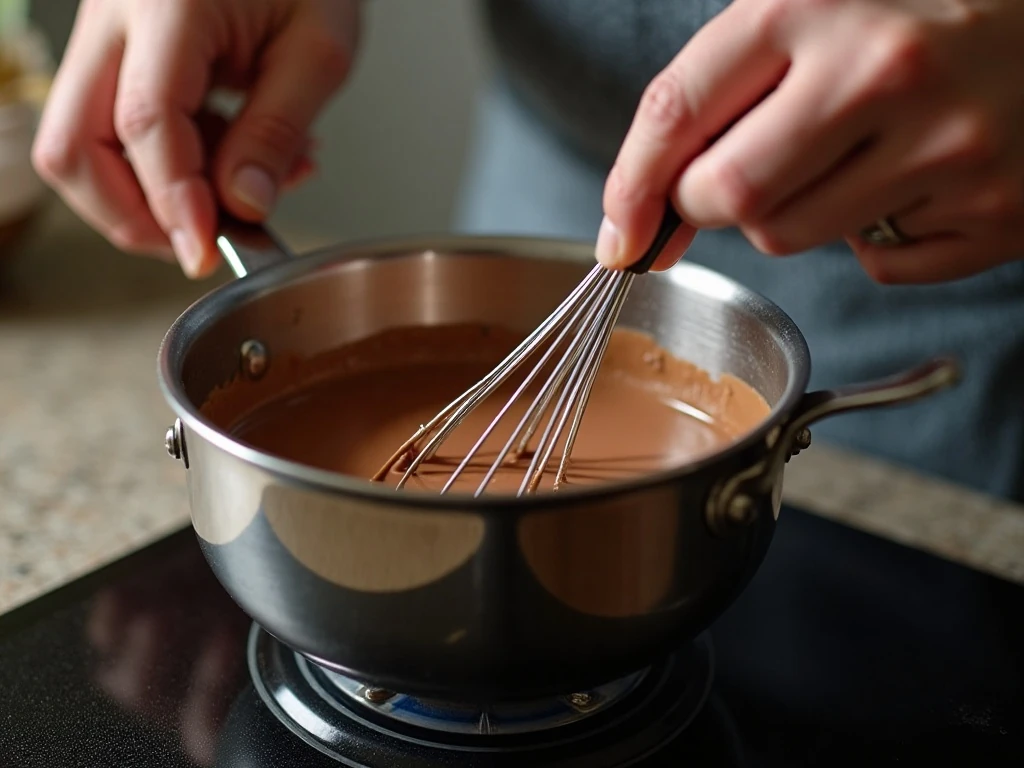 Smooth hot chocolate being whisked below a simmer