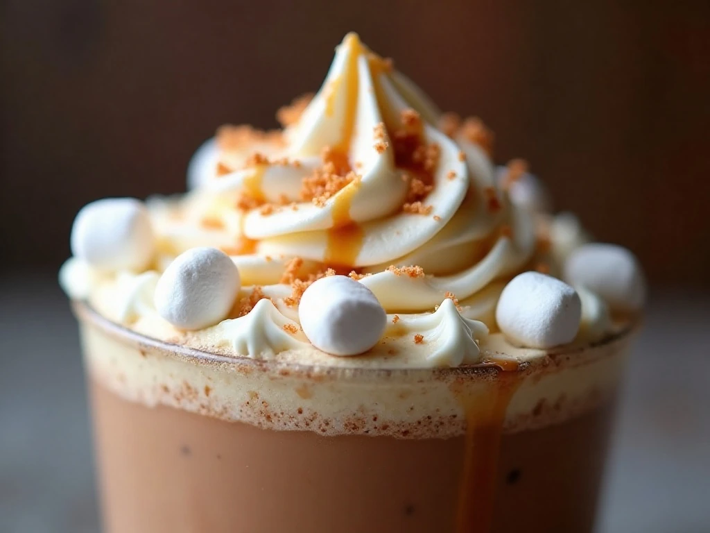 Peanut butter hot chocolate with whipped cream marshmallows and chocolate toppings