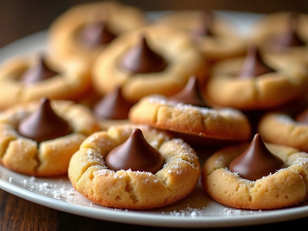 Platter of classic peanut butter kiss cookies with chocolate centers