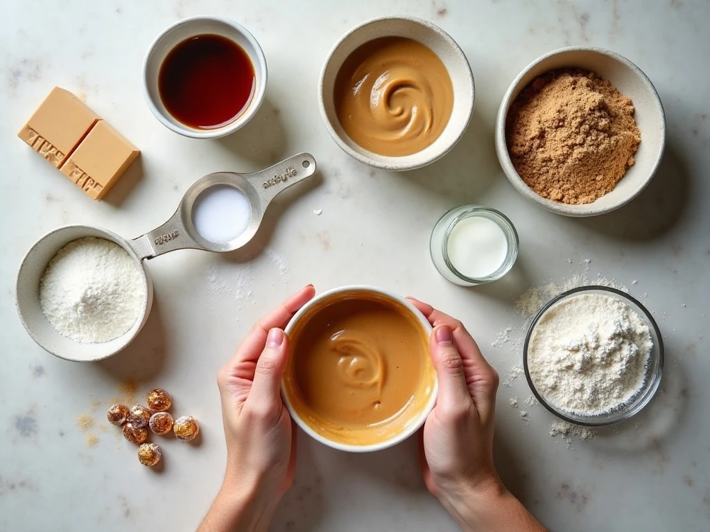 Ingredients for peanut butter kiss cookies arranged for baking
