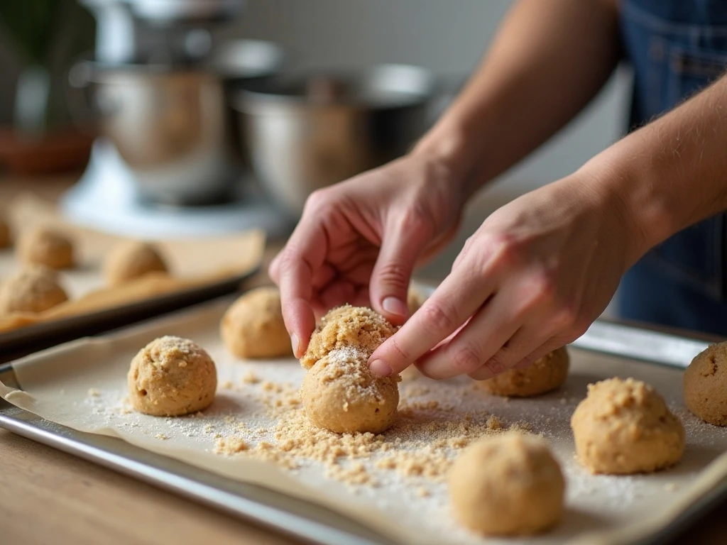 Sugar-coated peanut butter cookie dough balls ready for baking