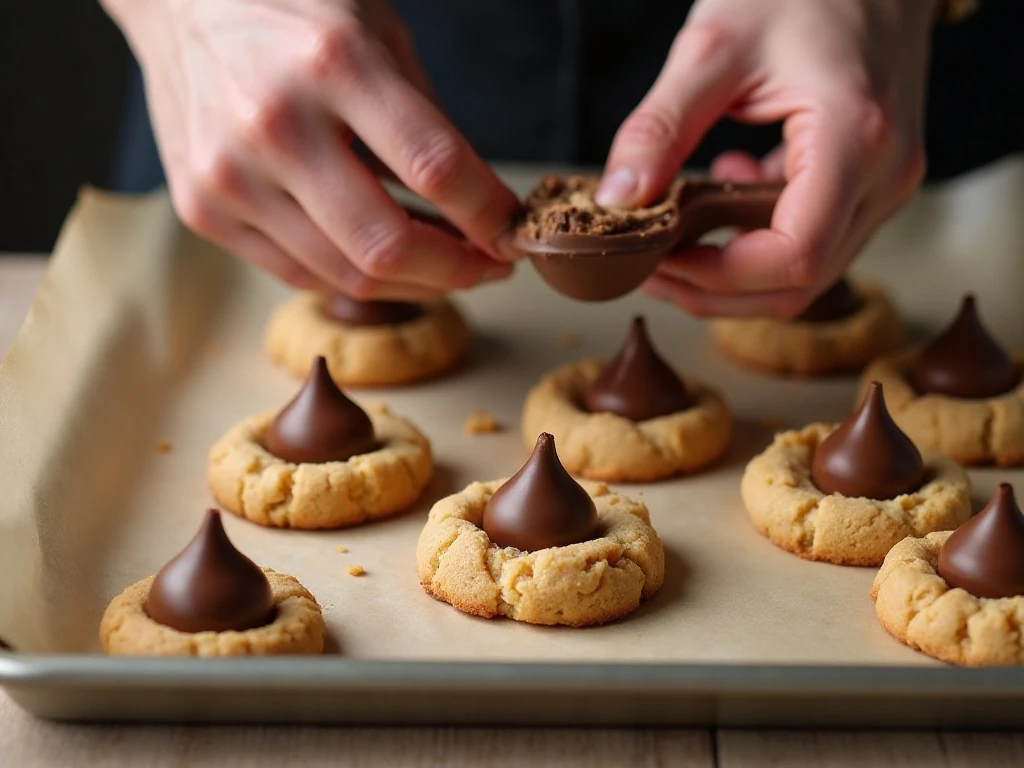 Chocolate kisses pressed into freshly baked peanut butter cookies