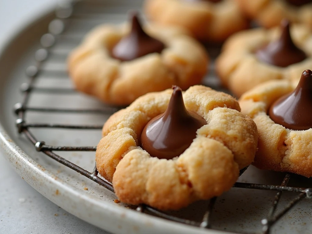 Cooled peanut butter blossom cookies ready to serve