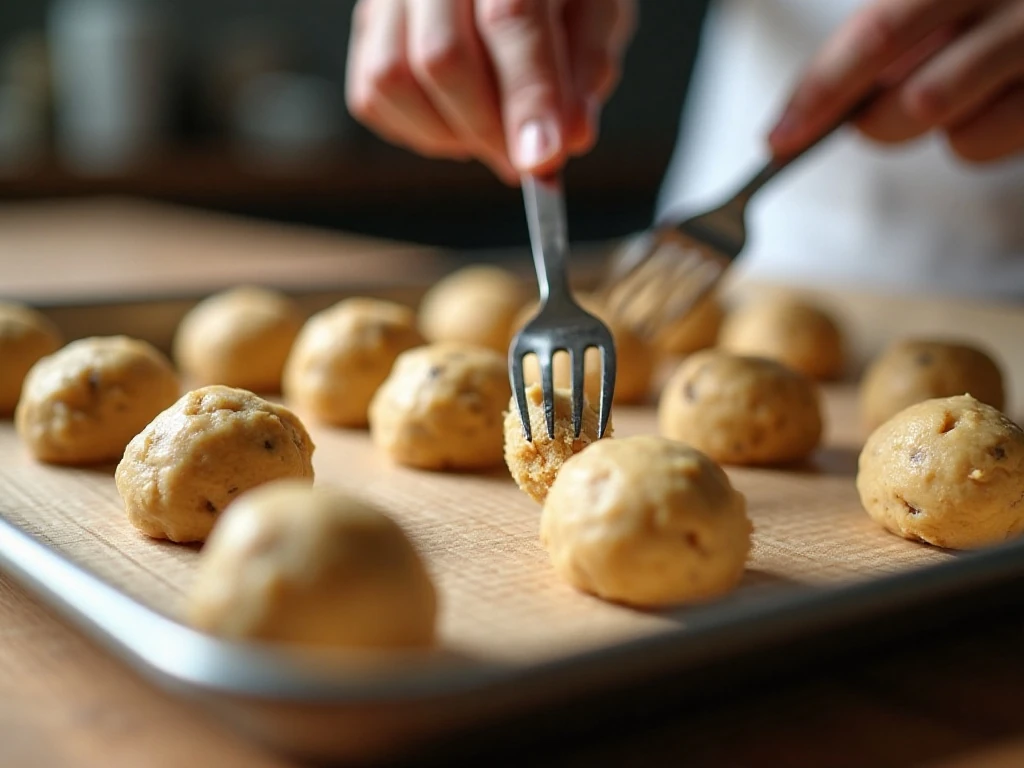 Peanut butter cookie dough being shaped with a fork