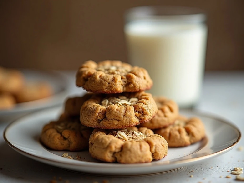 Stack of chewy peanut butter no-bake cookies served with milk