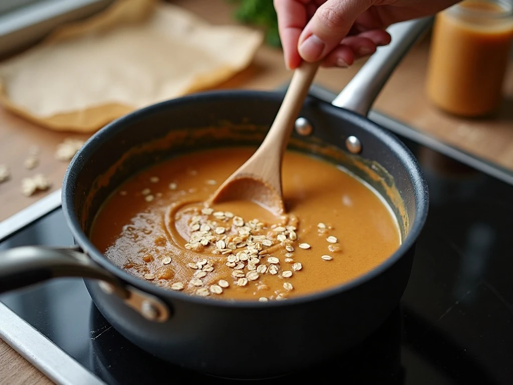 Stirring the peanut butter oat mixture for no-bake cookies
