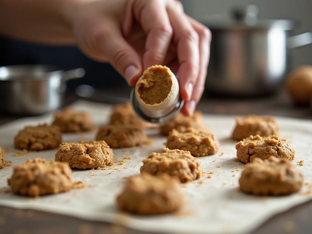 Portioning peanut butter no-bake cookies onto parchment