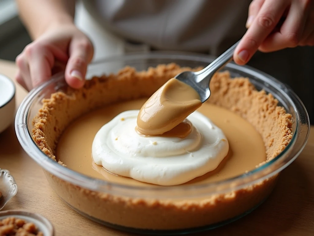 Folding whipped topping into peanut butter pie filling