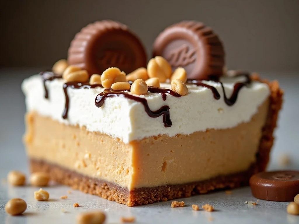 Close-up slice of chilled peanut butter pie with chocolate and peanuts