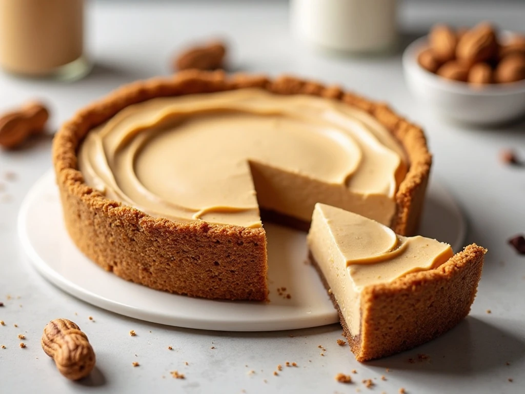Whole no-bake peanut butter pie with one creamy slice