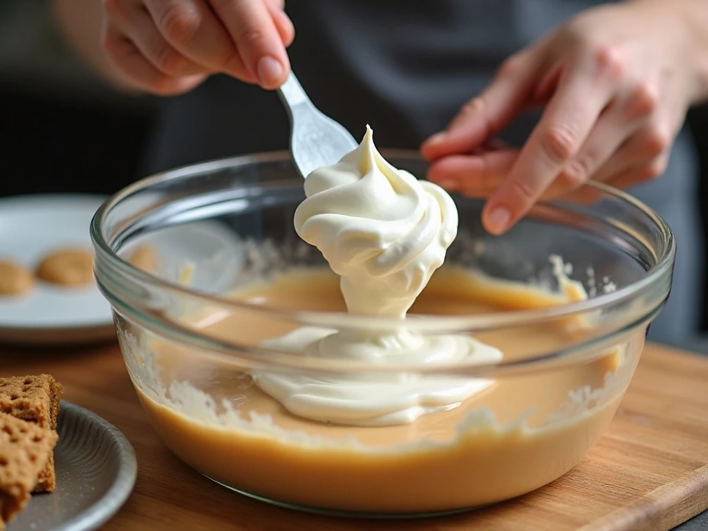 Folding whipped topping into peanut butter pie filling