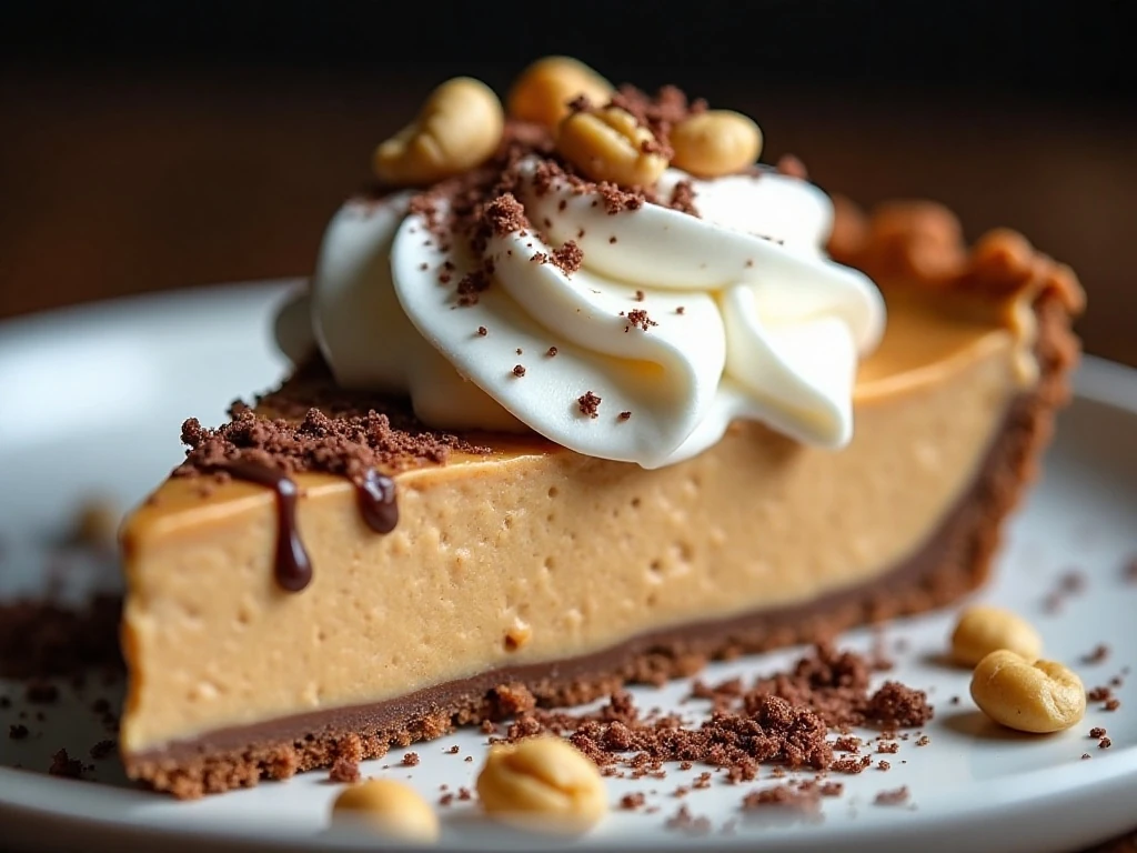 Peanut butter pie slice with chocolate and peanut garnish