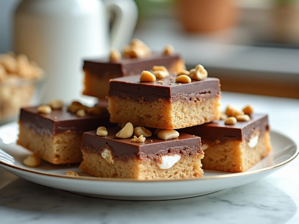 Stack of easy peanut butter rocky road bars with marshmallows, chocolate, and peanuts