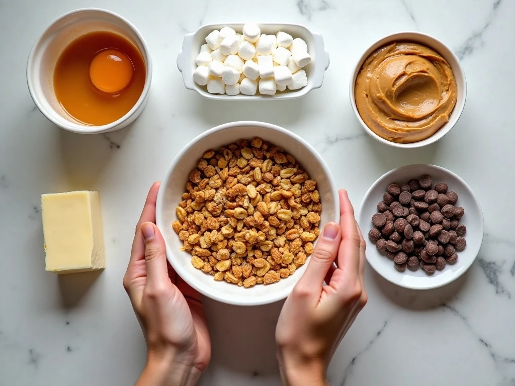 Ingredients for peanut butter rocky road bars arranged for baking