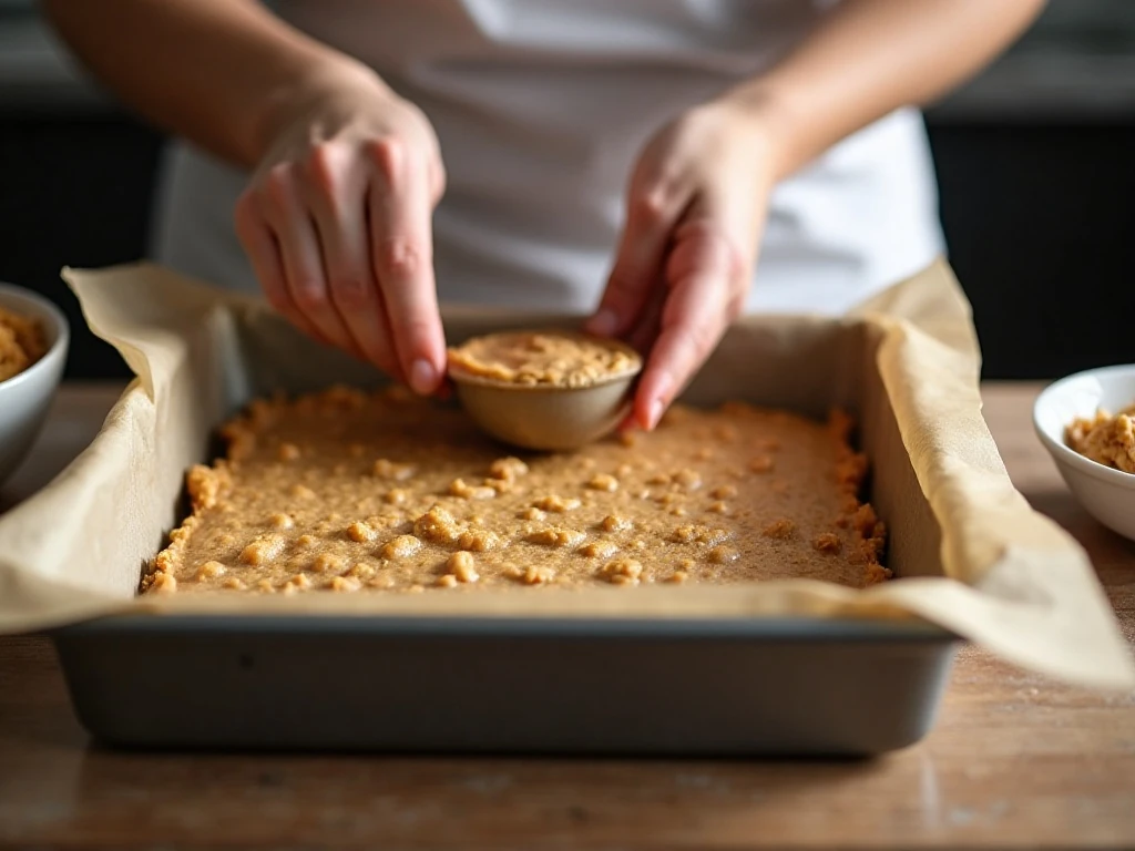 Peanut butter cookie dough being pressed into a baking pan