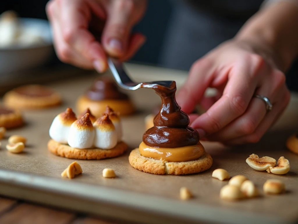 Chocolate peanut butter topping spread over softened marshmallows