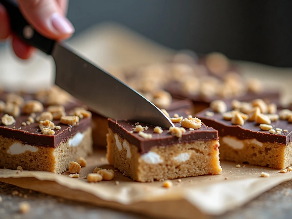 Neatly cut peanut butter rocky road bars showing layered texture