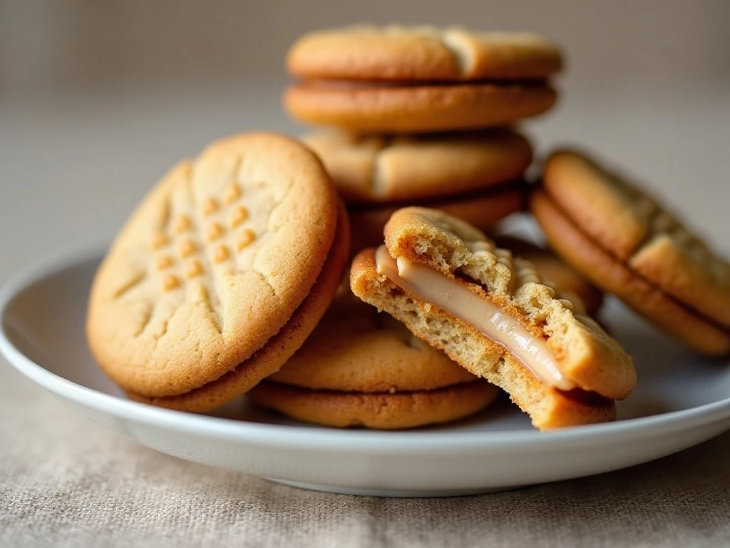 Stack of homemade peanut butter sandwich cookies showing creamy filling