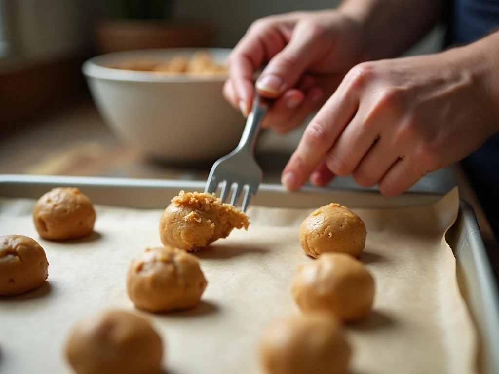 Scooping and flattening peanut butter cookie dough on a baking sheet