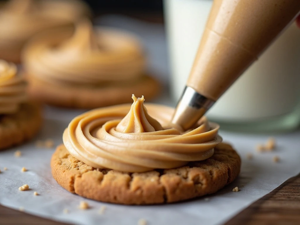 Peanut butter frosting being added to a sandwich cookie