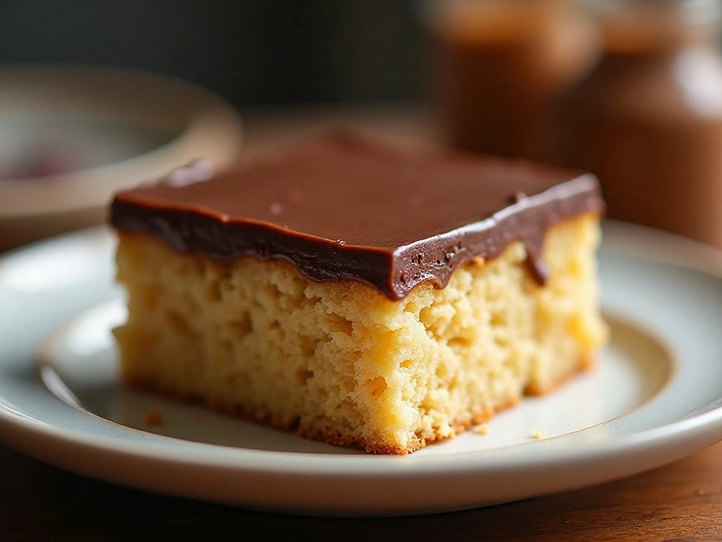 Slice of peanut butter snack cake with chocolate ganache frosting