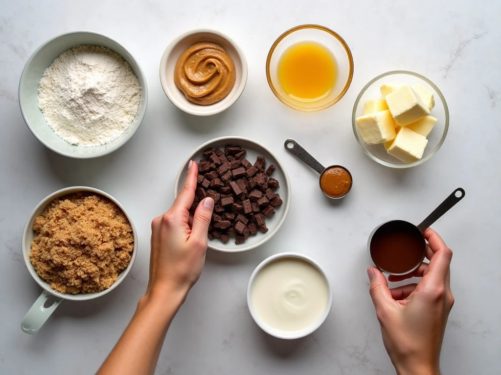Ingredients for peanut butter snack cake and chocolate ganache