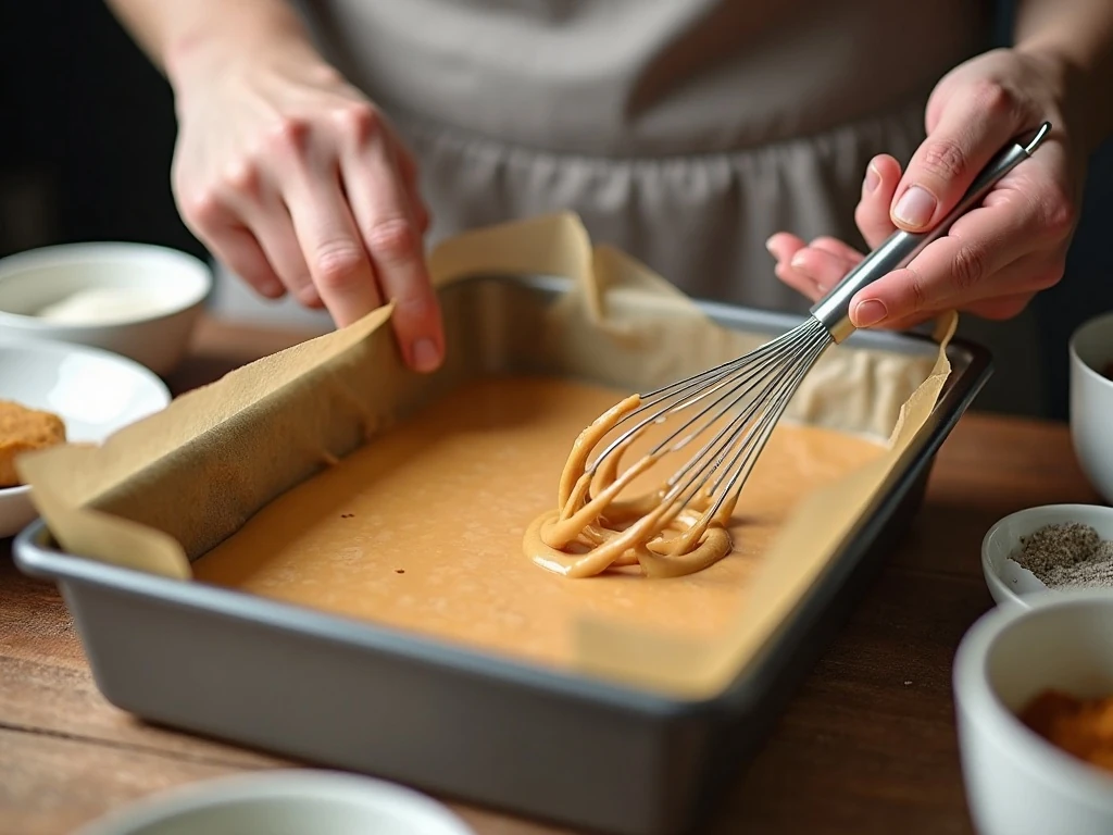 Preparing peanut butter cake batter in a mixing bowl