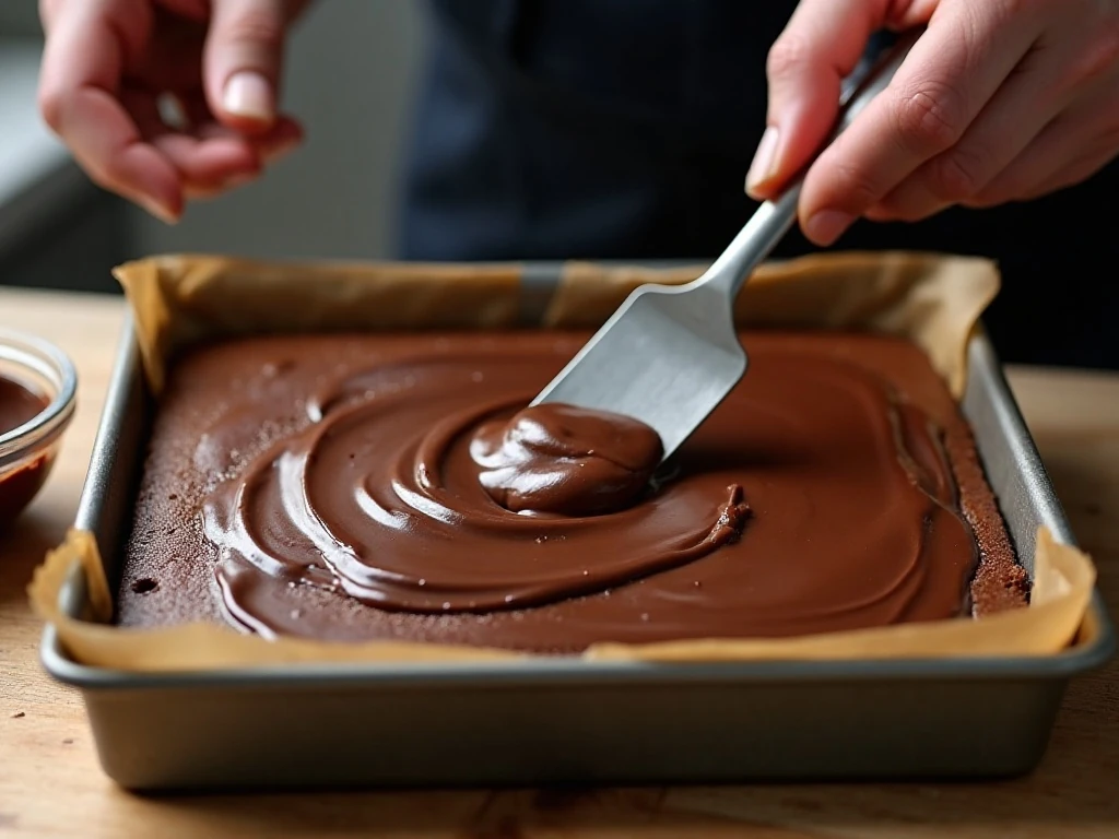 Spreading chocolate ganache frosting over peanut butter cake