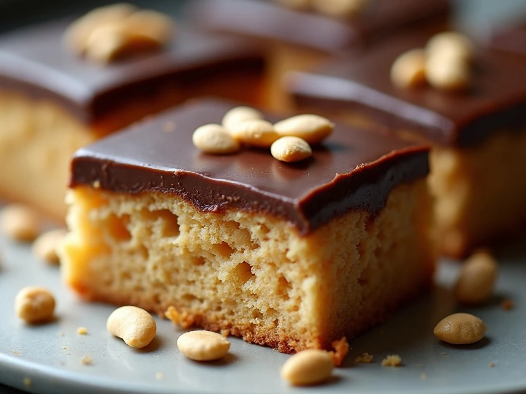 Close-up of chocolate ganache frosting and tender peanut butter cake crumb