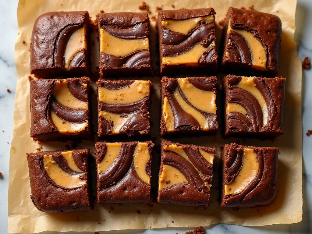 Fudgy peanut butter swirl brownies arranged on parchment