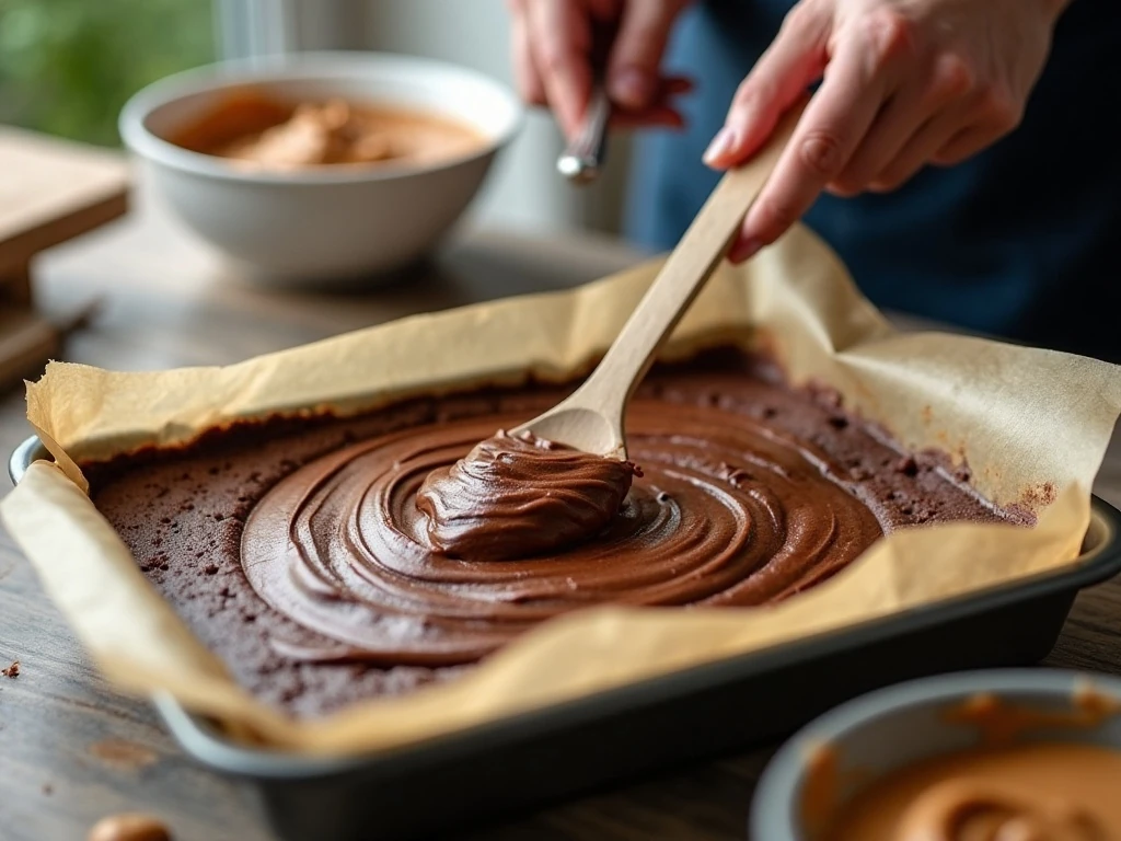 Spreading brownie batter in a parchment-lined square pan