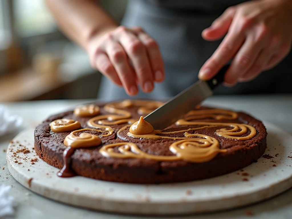 Creating peanut butter swirls in brownie batter