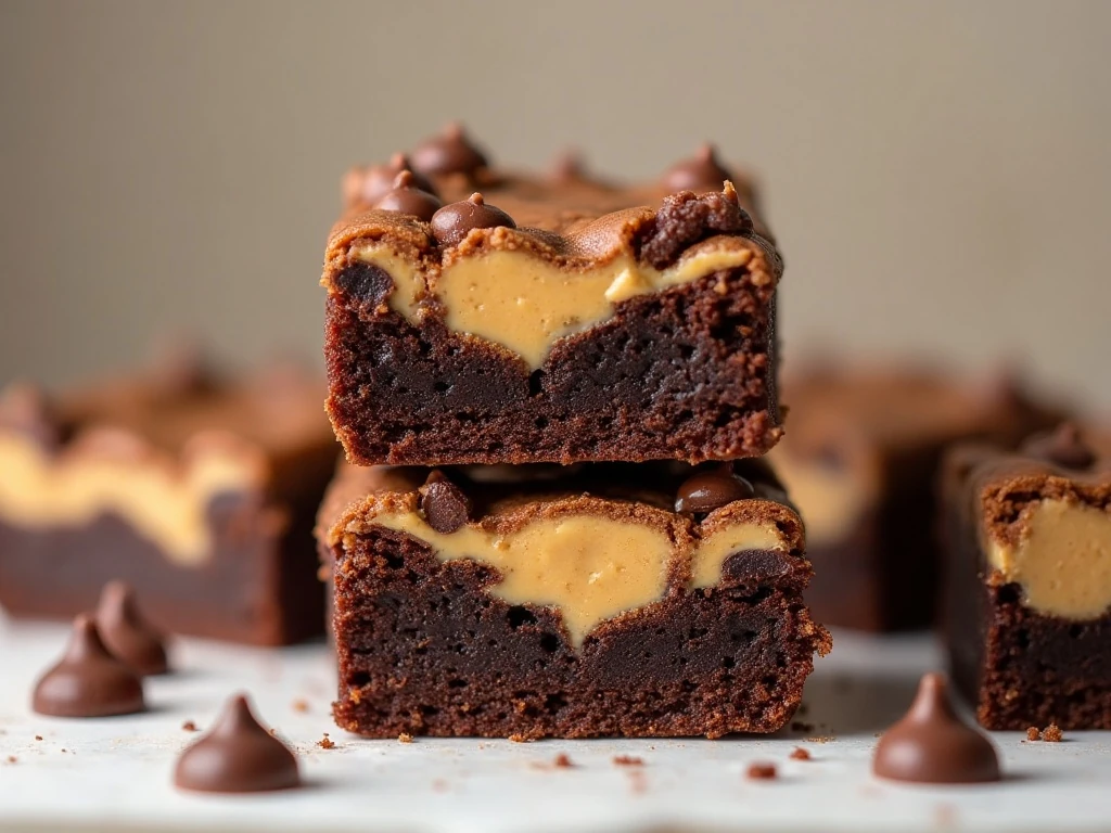 Stack of fudgy peanut butter swirl brownies