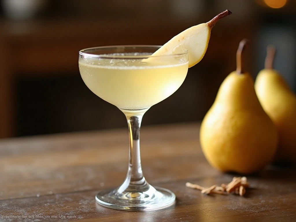 Crisp pear martini in a chilled coupe glass with a pear garnish