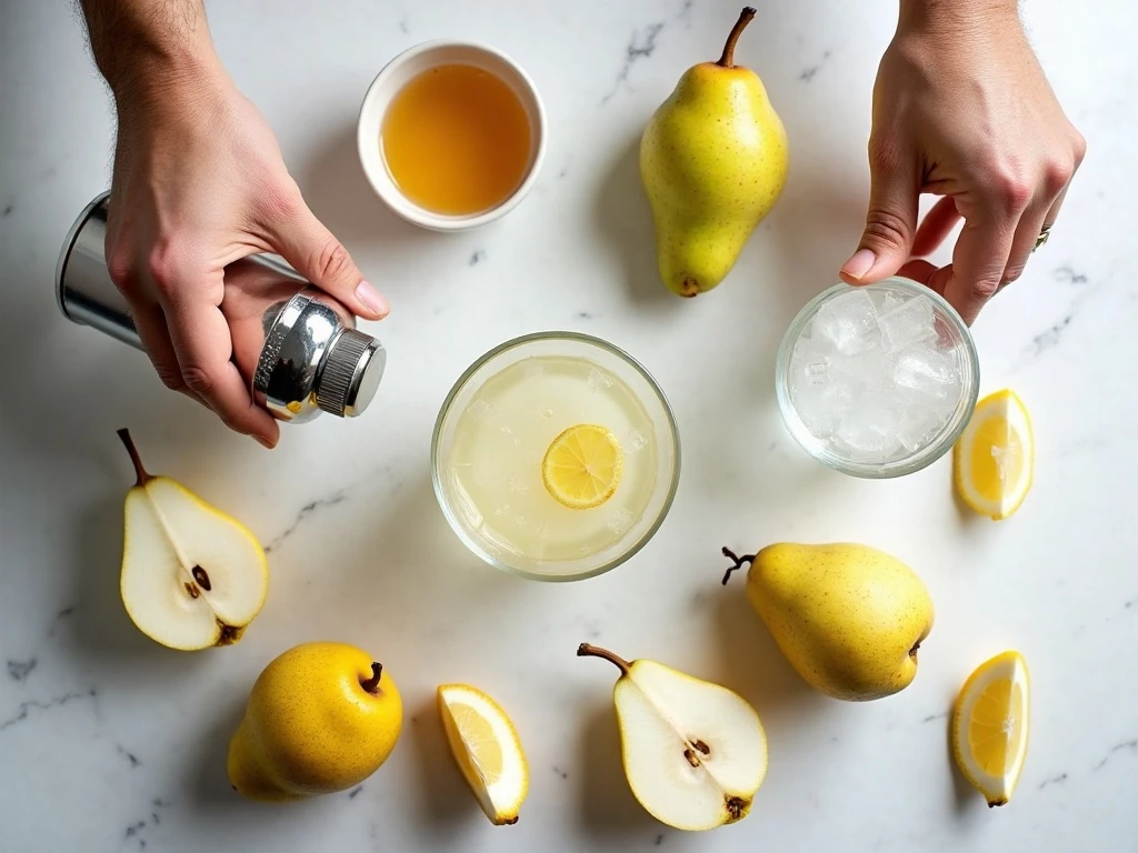 Ingredients for a pear martini arranged on a marble surface