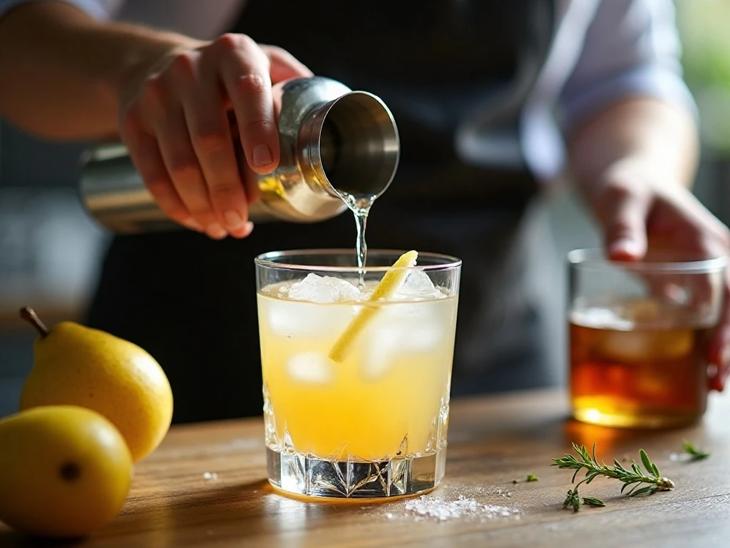 Pear martini ingredients being shaken with ice in a cocktail shaker